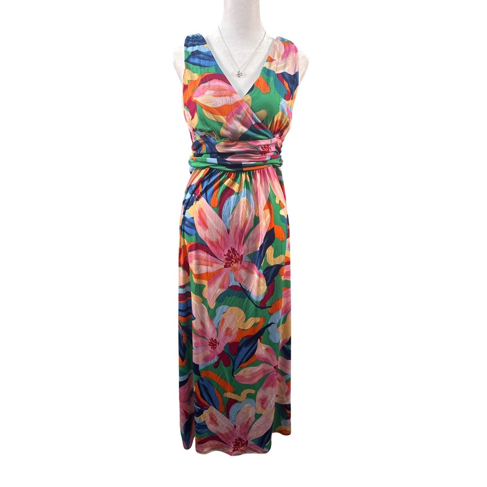 Pappagallo Floral V-Neck Maxi Dress Green Navy Multi XS NWT 10904905-2FW